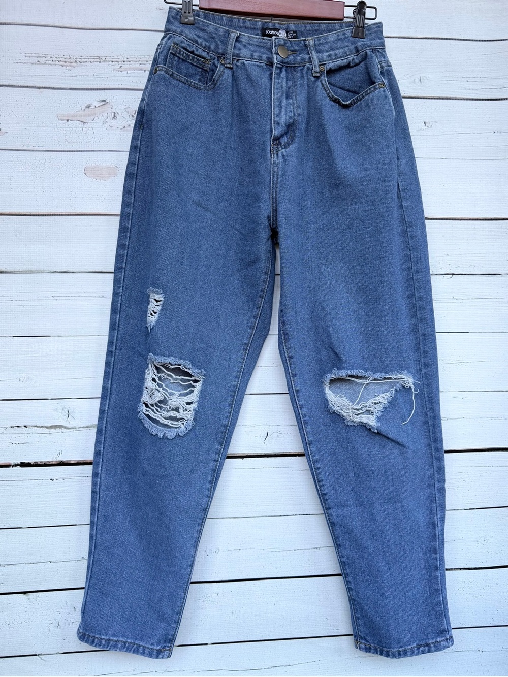 Boohoo Blue High-Waisted Distressed Mom Jeans - Size US 4